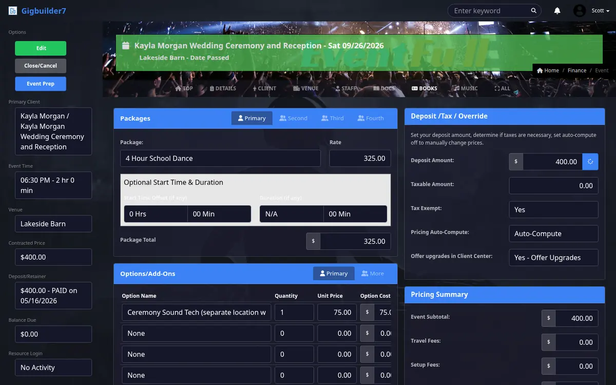 Event record Books tab: packages, options and add-ons, deposit and tax settings, and the pricing summary