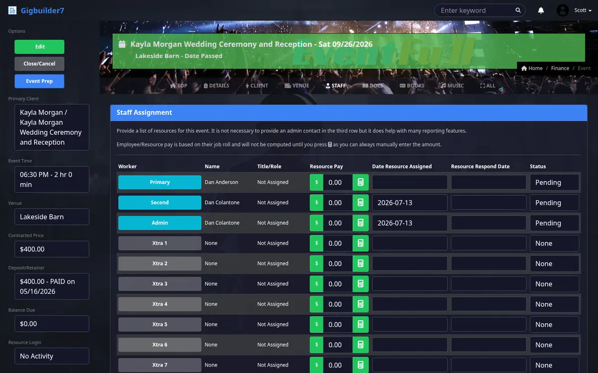 Event record Staff tab: staff assignment table with worker, name, role, pay, assigned and responded dates, and status
