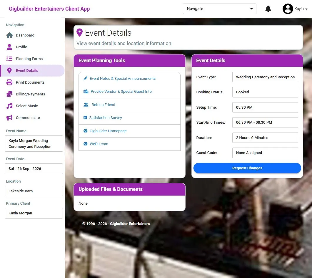 Event details: planning tools, event type and status, setup and times, request changes button, uploaded files